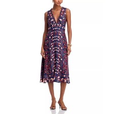 FARM Rio Women Blue Floral Satin Viscose Boho Casual Scarf Midi Dress Size XXS