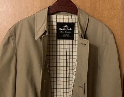 Rainfair Rain Topcoat Men's Tan/Khaki Plaid Lining Button Up Trench Coat Sz 40L