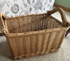 Large Light Colored Woven Room Storage Basket With Wood Handles 13.5x12.5x  x8.5"