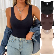 Women's V-neck Compression Body Shaper Vest Tummy Control Knit Ribbed Shapewear