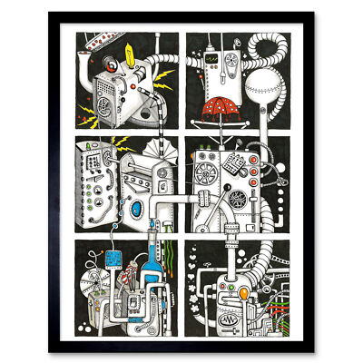 Abstract Machines Chemistry Doodle Painting Wall Art Print Framed 12x16''