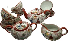 Kutani Hand-painted Japanese Teapot Cream Sugar 6 Cups & Saucers Set Bonus Plate