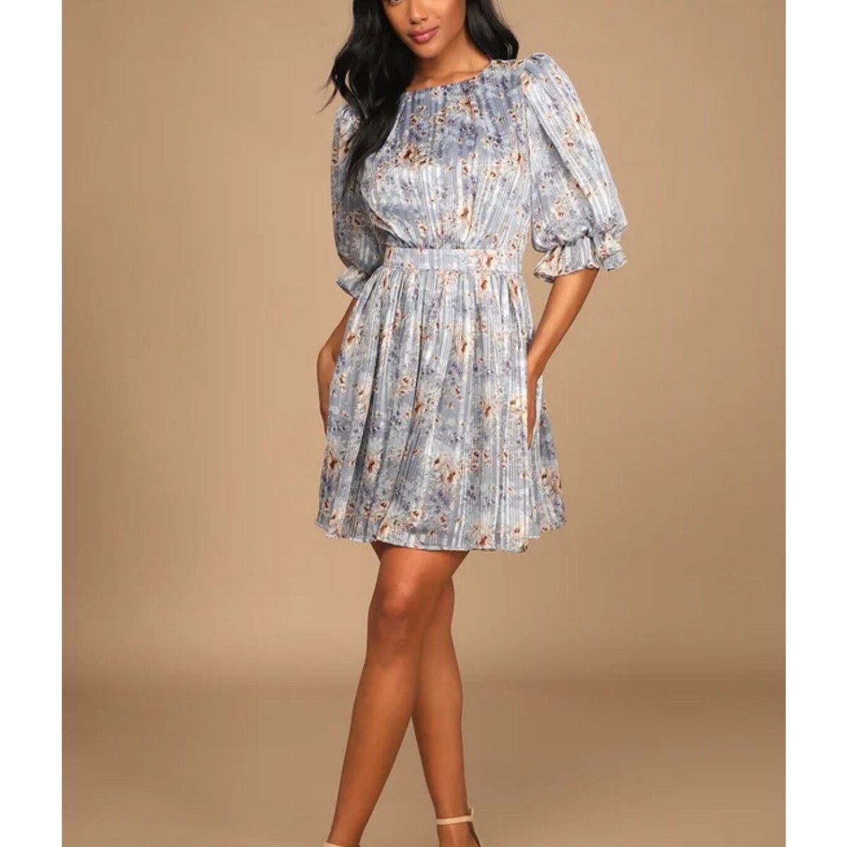 Lulus -Pleasing to the Eye/ Blue Floral Skater Dress/ L