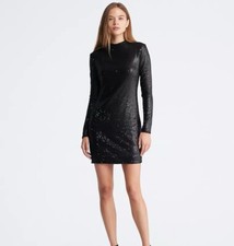 NWT Calvin Klein Sequin Mini Dress Sz 4 Black Matte Long Sleeve Lined Christmas