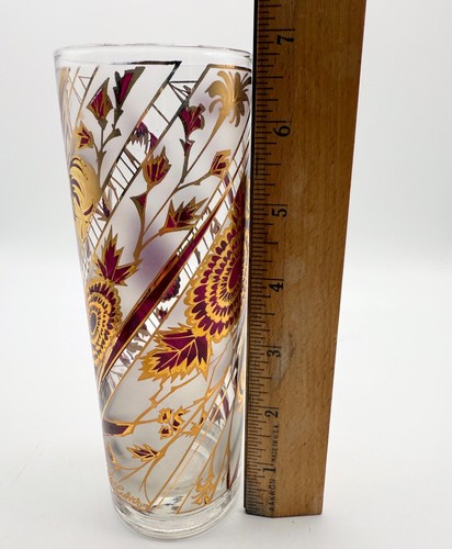 1 Vintage MCM Culver 22k Cranberry Gold Gillt Chrysanthemum Highball Glass Signd - Picture 6 of 6