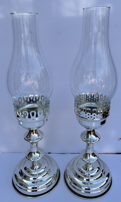 #ad Pair 16quot; Silver Plate Weighted Taper Candlestick Holders Glass Hurricane Lamps $39.99