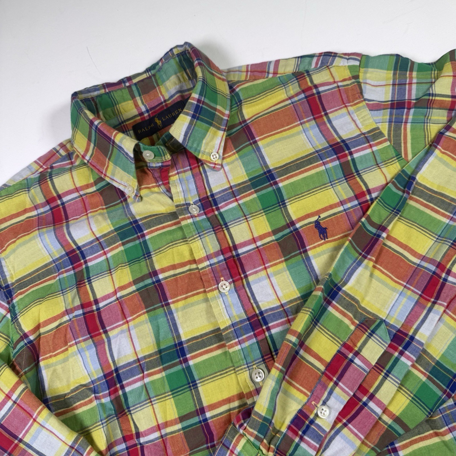 POLO RALPH LAUREN Vintage Long Sleeve Madras Plaid Button Down Shirt Size L EUC
