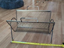 Vintage Mid Century Metal Magazine Rack-Cut Out Mesh Sides-Record Holder-MCM
