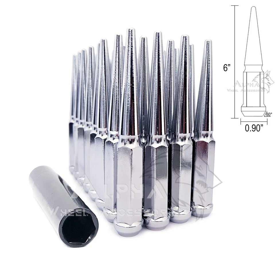 32 tuercas cromadas M14x1,5 con clavos de 6" de alto para Ford Super Duty F-250 F-350 + llave Foto 2 de 4