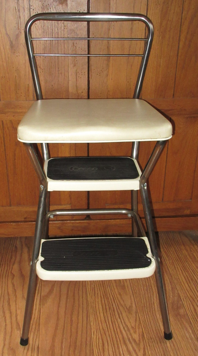Vintage Cosco Flip Up Step Stool Chair Chrome Metal Padded White