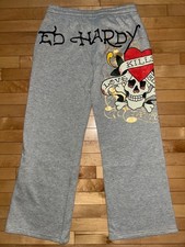 NEW NWT ED HARDY Love Kills Slowly Flare Sweatpant in Heather Grey Size M