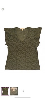 Michel Kors olive green ruffled cp sleeve v neck blouse 