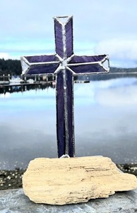 New Handmade Stained Glass Purple Suncatcher Cross Mounted On Driftwood