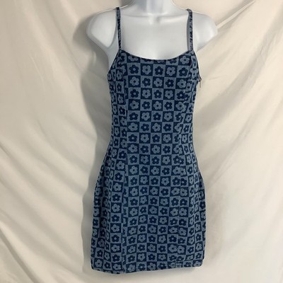 H&M Divided Blue Denim Mini Dress Floral Checkerboard Print Size S 10 Y2K Retro