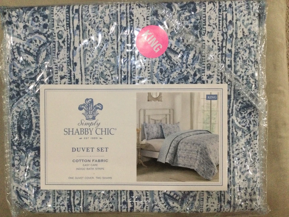 Simply Shabby Chic Duvet 3 Piece Set Size King Easy Care Indigo Batic Stripe - Image 2 of 4