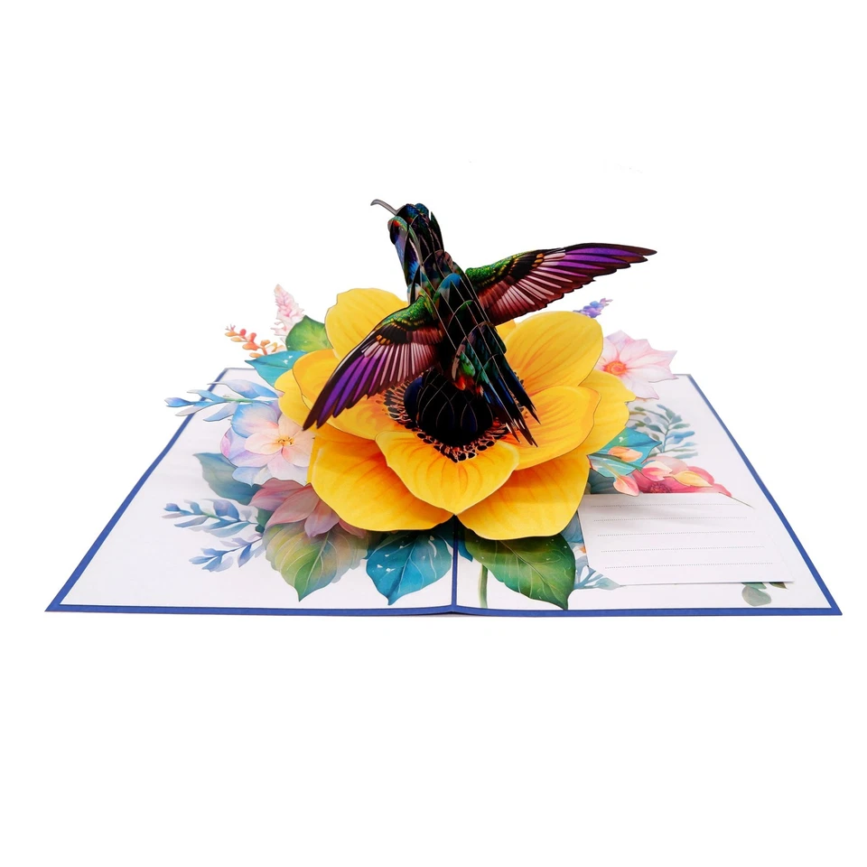 3D Pop Up Greeting Card Hummingbird Flower Floral  Birthday Get well Thank you - Image 4 of 4