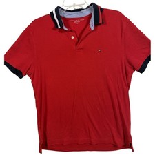 Tommy Hilfiger Mens Large Shirt, Red Polo Short Sleeve Striped Collar Cotton