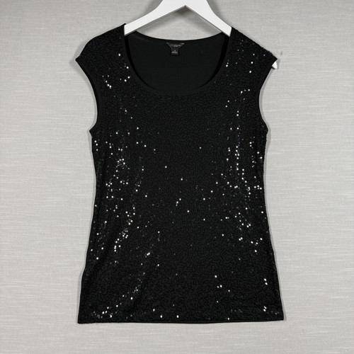 Ann Taylor Top Damen klein schwarz ärmellos Pailletten Glitzer Party Tank Silvester
