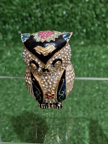 Enamelled Metal Jewelled Owl Trinket / Pill Box Hinged Lid Vintage - Picture 3 of 10