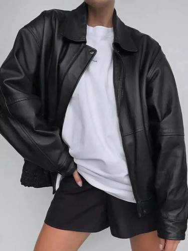 Damen Vintage 90er Oversized Bomber weiche echte Lammleder Lederjacke - Bild 5 von 6