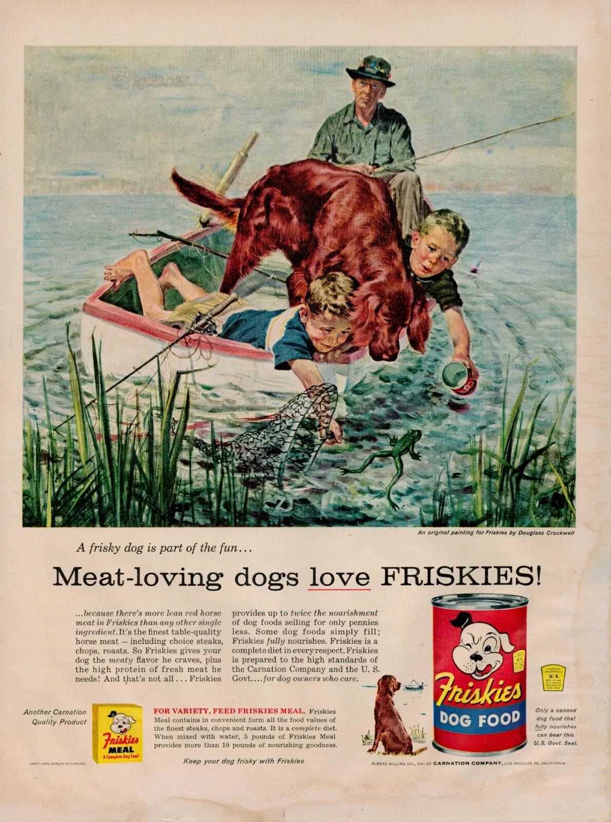 Pets Fishing Boat Frog Vintage Retro Print Ad Meat Loving
