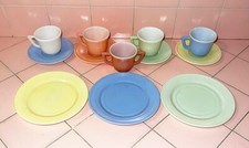 12 pcs Vintage Childs Tea Set Milk Glass Hazel Atlas Pastel Plates Cups Saucers