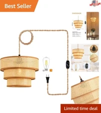 Portable 3-Tier Rattan Pendant Light with Dimmable LED Bulbs Included - Beige