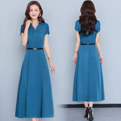 Femme Satin Robe Maxi Ceinture Faux Soie Court Manche A-Line Habillé Casual Fête - Photo 1/4