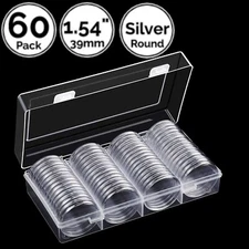 60 Pack 1.54 IN 39 mm Coin Capsule Holders w/ Storage Case Fit For Silver Round