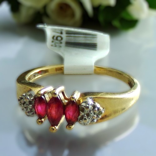 Ruby Ring 10K Yellow Gold Marquise Ruby Three Stone Diamond Accent Vintage Ring - Picture 4 of 6