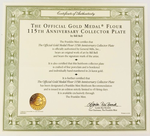 Franklin Placa Como Nuevo Bill Bell Oficial 115 Aniversario Medalla de Oro Harina Gato - Imagen 4 de 12