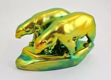 Large RARE Zsolnay Iridescent Eosin Polar Bears Figurine 7.25x5" 