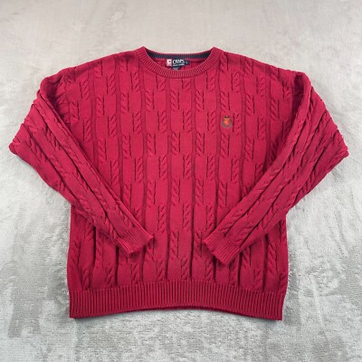 Vintage Chaps Ralph Lauren Fisherman Sweater Men Large Red Cable Knit Crest Logo