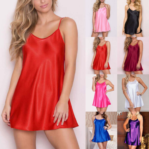 Womens Satin Silk Robe Sexy Lingerie Nightdress Sleepwear Slip Dress Chemise - Picture 1 of 28