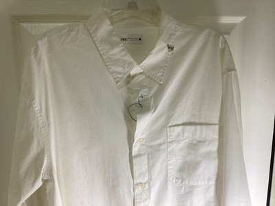 Zara White Button Up Shirt Boxy Cotton Raw Edge Metal Ring on Collar~XL~NWOT