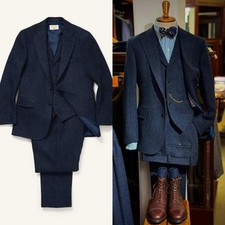 Navy Blue Herringbone Suits for Men Autumn Winter Wear Business Office 3 Pieces