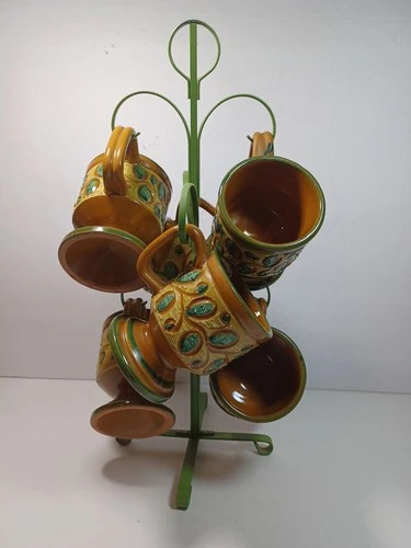 Set Of 6 Vintage Pottery Italian Coffee Mug Textured Glaze Leaf Vine W/Holder