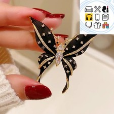 Vintage Black Enamel Butterfly Brooch Gold Tone Crystal Rhinestone Pin