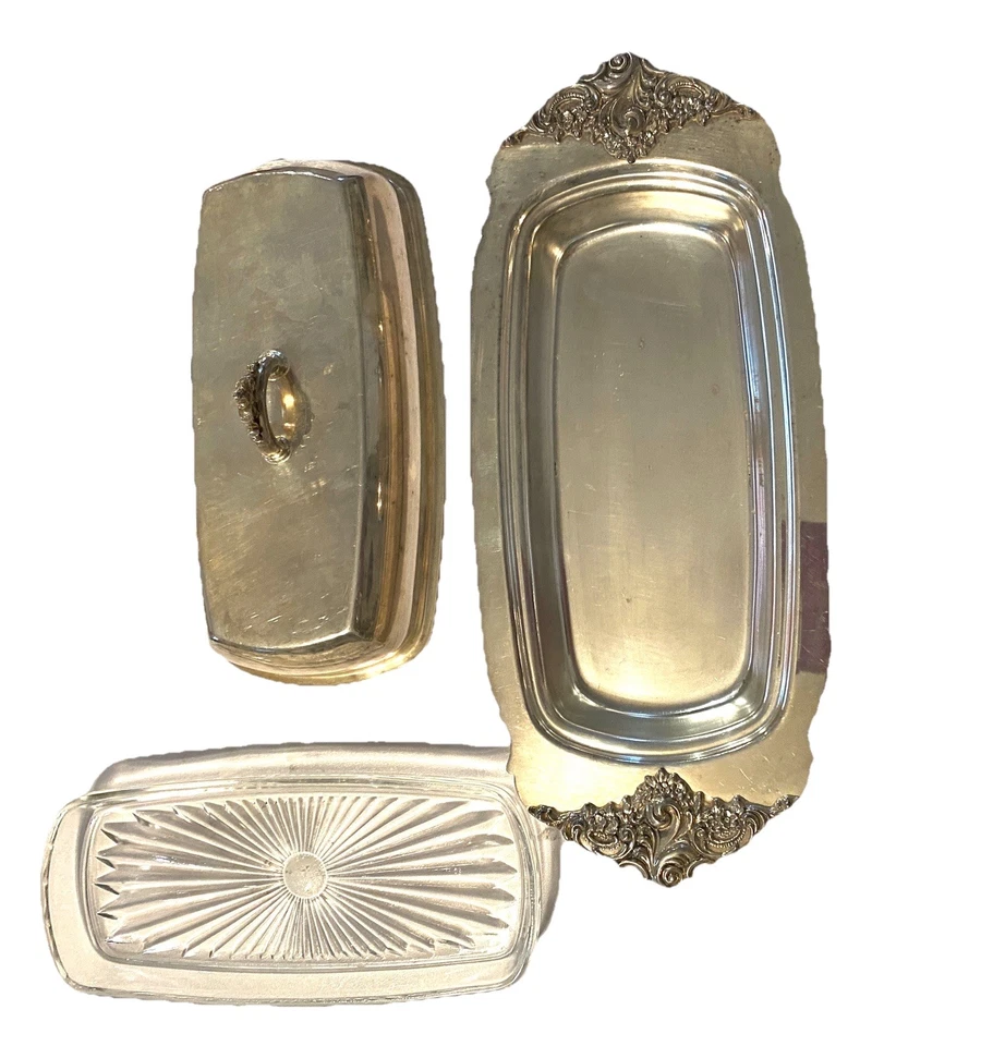 Plato de mantequilla vintage de plata Wallace barroco 206 años 40 con tapa de inserción de vidrio Foto 2 de 4