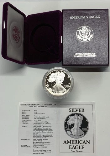 1990-S American Silver Eagle Proof 1 Troy oz .999 Fine Silver Coin in box w/COA
