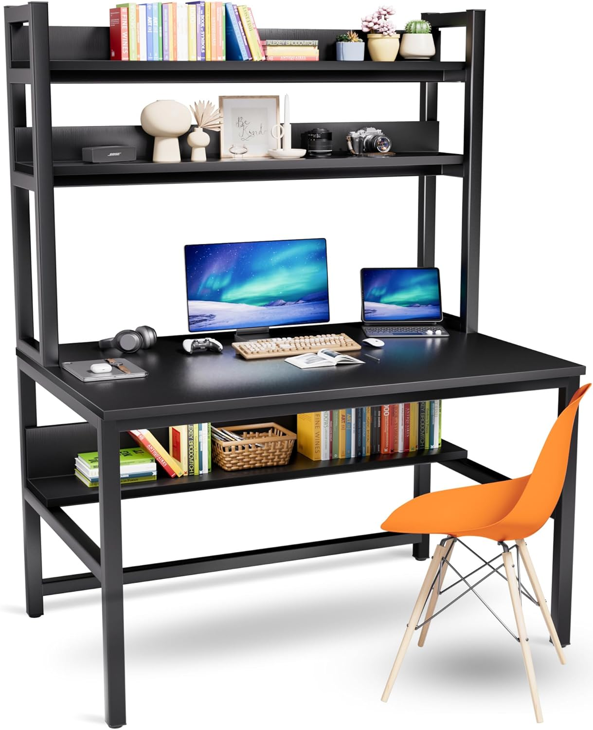 Computer Desk with Hutch and Bookshelves, Large Leg Room 47 Inch Width Black Des
