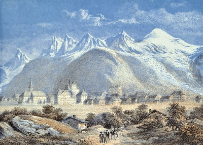 Old LITHOGRAPH ''Village de CHAMONIX Chain of Mt WHITE'' Imp. Geneva 1863