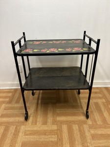 Vintage Relyon Folding Metal Bar Cart Serving Tea Trolley Black Floral 2-Tier