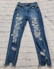 American Eagle WOMENS SIZE 00 Stretch Distressed Mom Jeans Blue