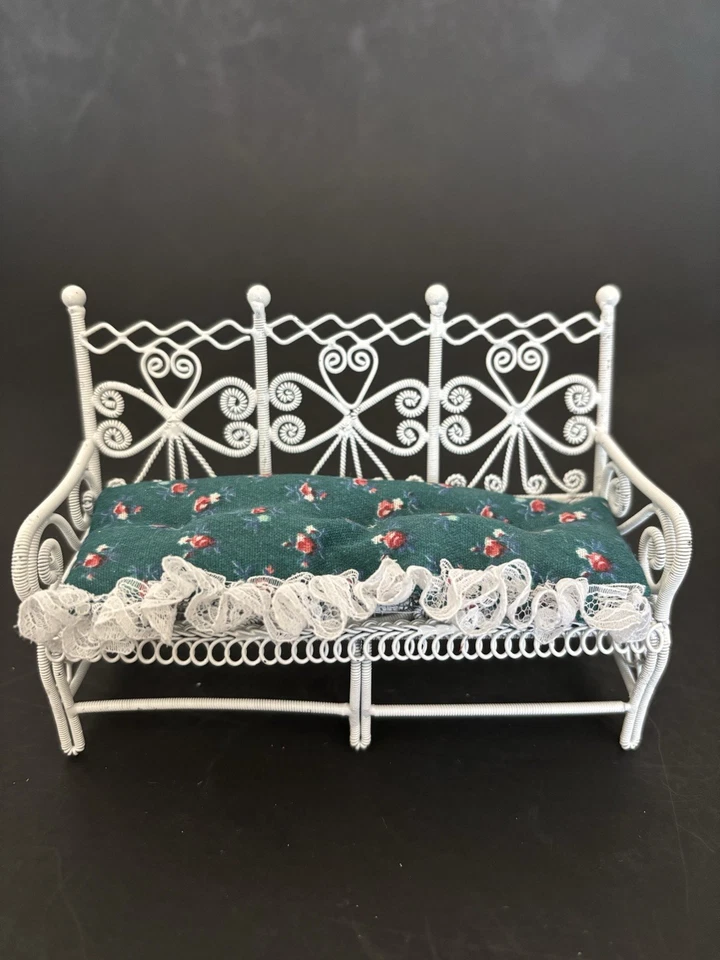 White Wire Wicker Dollhouse Furniture 4pc Set Vintage Patio Chairs, Sofa & Table - Image 3 of 4
