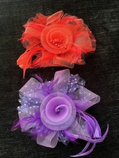 2pc Flower Hair Clip Set Red Purple Net Feather Beaded Polka Dot Party