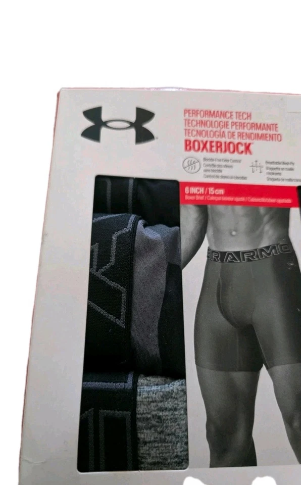 Under Armour Mens Performance Tech 6 inch Boxerjock 3 Pack XL Black Grey Camo - Image 2 of 4