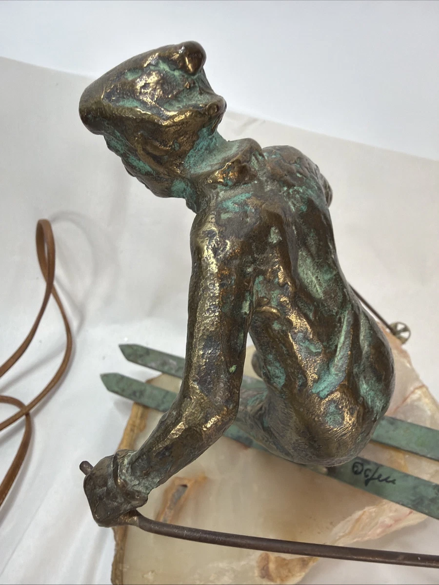Curtis Jere Skier Downhill Bronze Sculpture w Onyx Base Signed and Labeled