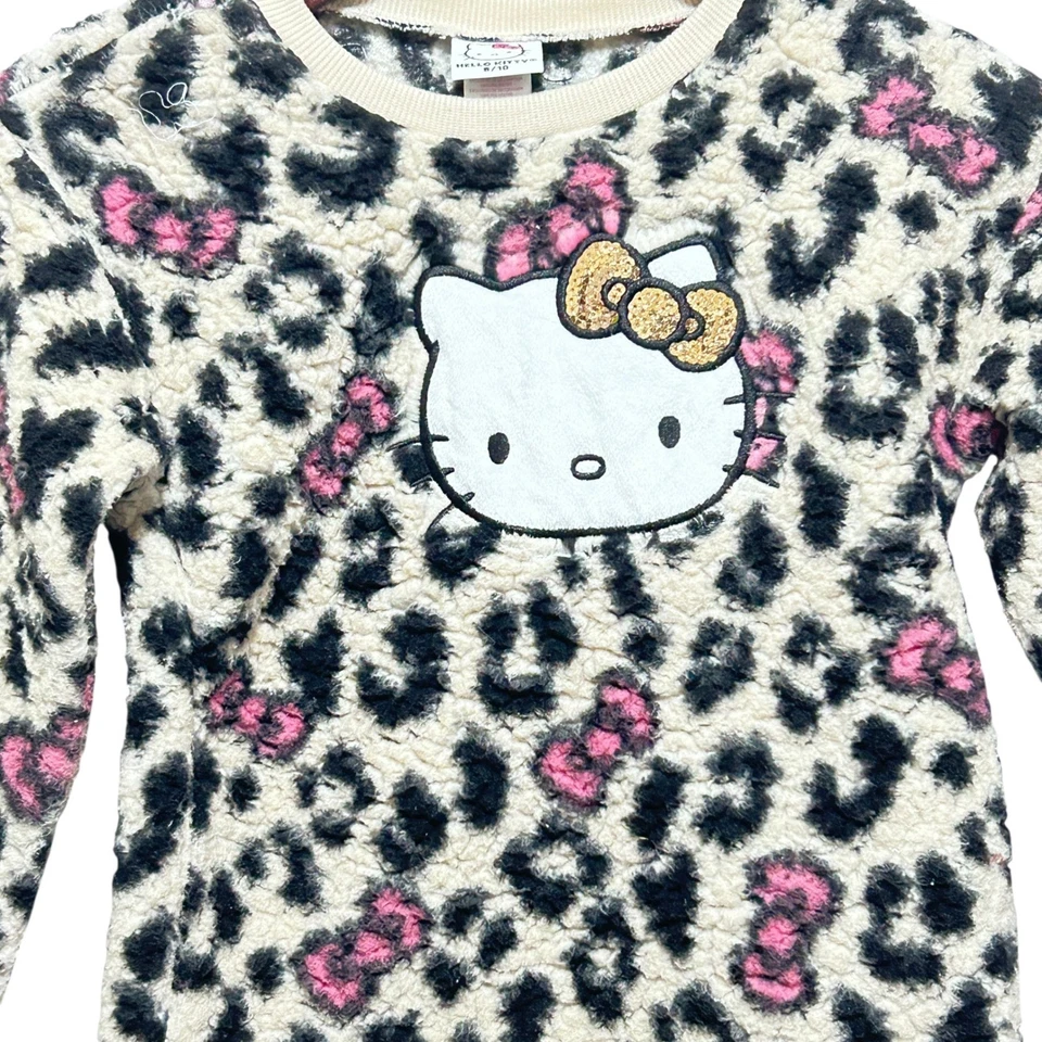Hello Kitty Girls Sweatshirt 8/10 Leopard Print Fuzzy Pullover Sequin Bow Cozy - Image 3 of 4