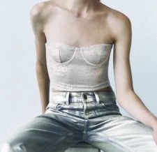 NWT Zara Sequin Corset Bustier Top Strapless Crop Tube Champagne Gold Women s L